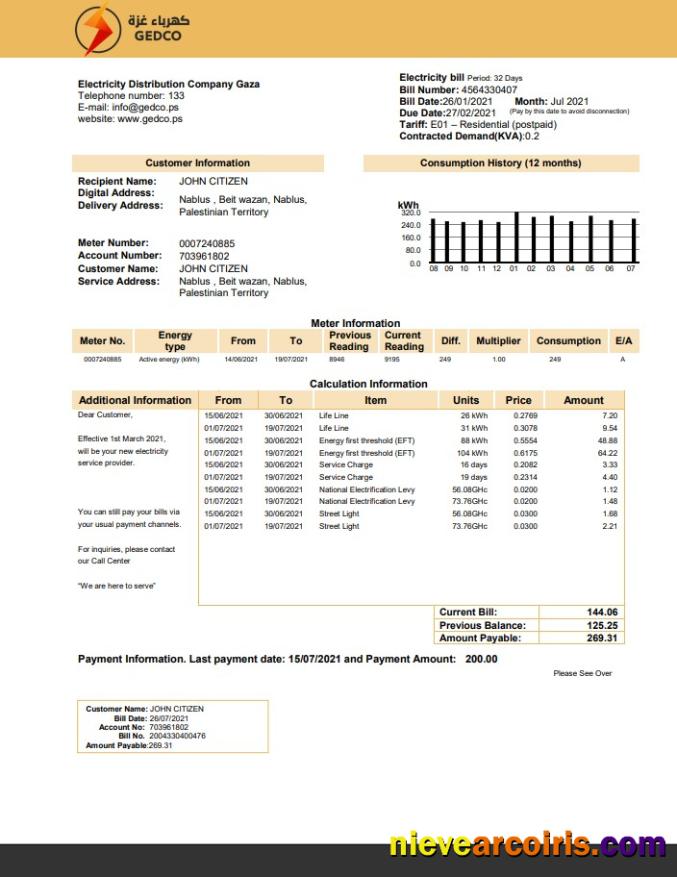 Palestine Electricity Distribution Company Gaza GEDCO utility bill